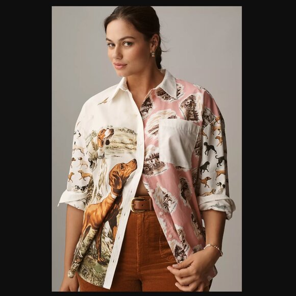 Anthropologie Maeve The Bennet Buttondown Shirt Pink Dog Pattern Graphic S SP - Picture 7 of 7